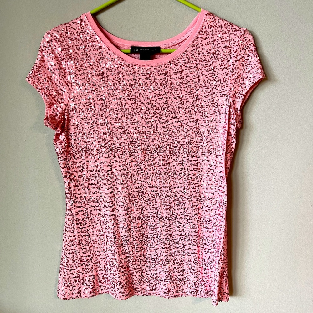 INC WOMENS SPARKLING PINK CAP SLEEVE TOP SHIRT SEQUINS Size Small EUC